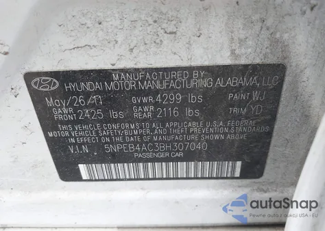 2011 Hyundai Sonata Gls z USA, uszkodzony, nr VIN 5NPEB4AC3BH307040